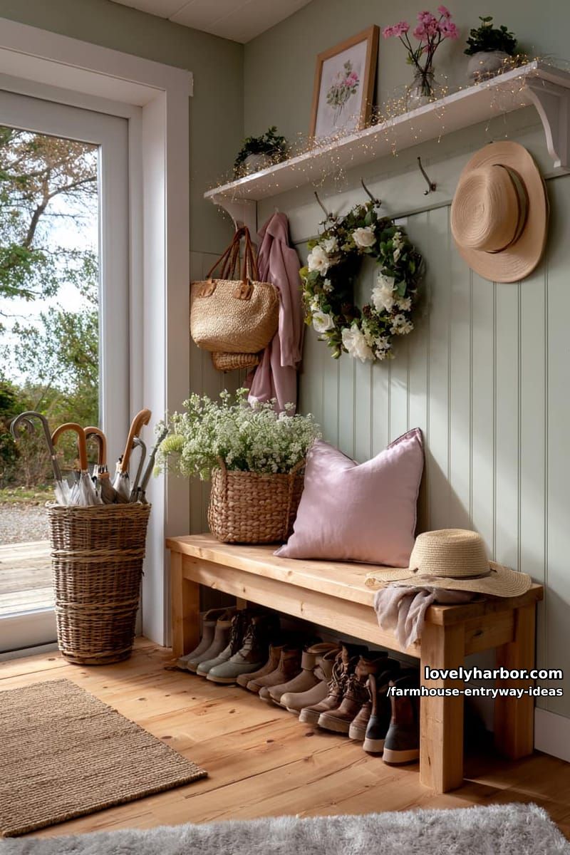 sage beadboard entryway with bench, boots, baskets, and floral wreath. 1