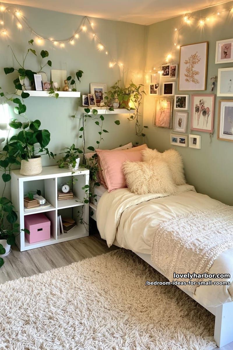 sage green bedroom with houseplants, floating shelves, and gallery wall. 1