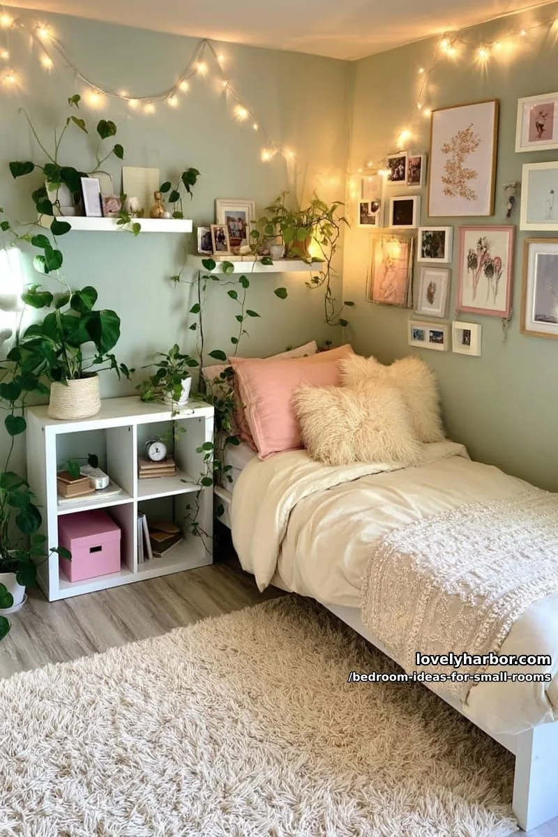 23 Unique Bedroom Ideas for Small Rooms 7 sage green bedroom with houseplants, floating shelves, and gallery wall. 1