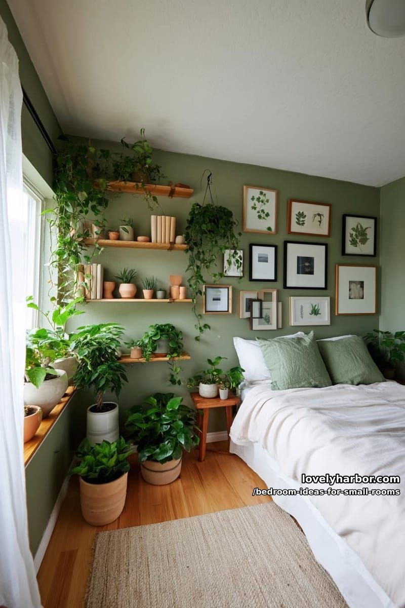 sage green bedroom with houseplants, floating shelves, and gallery wall. 1