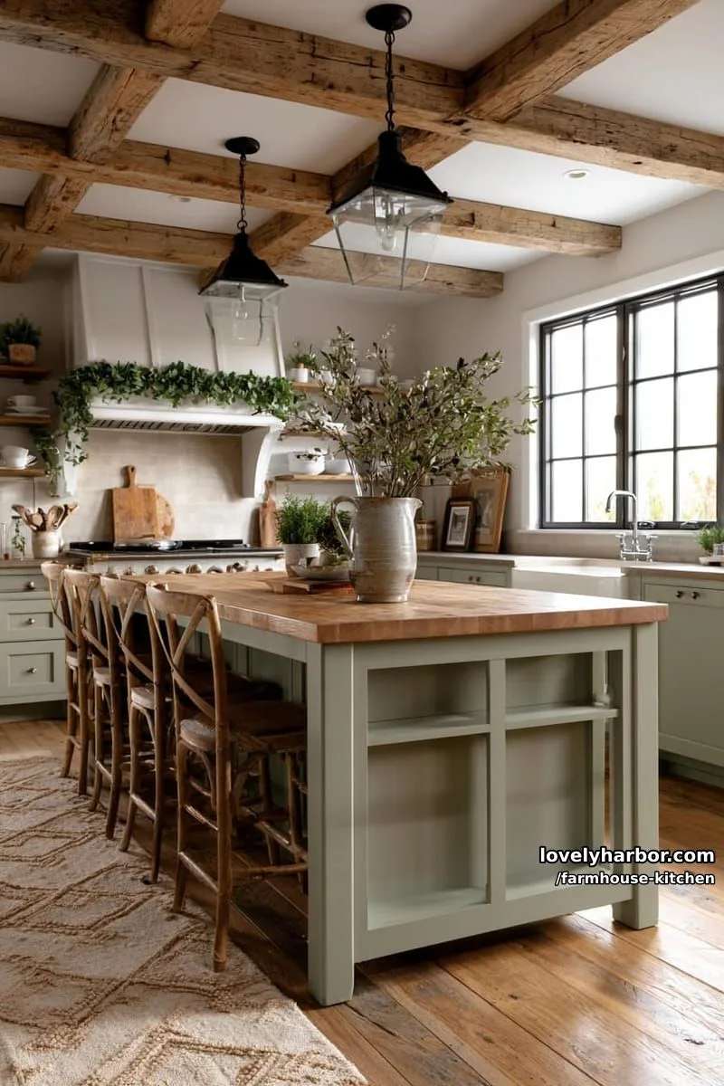 44 Trendy Farmhouse Kitchen Ideas to Inspire Your Next Remodel 1 sage green farmhouse kitchen island with wooden countertop and open shelving. 1
