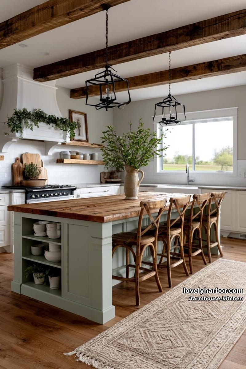 sage green farmhouse kitchen island with wooden countertop and open shelving. 1