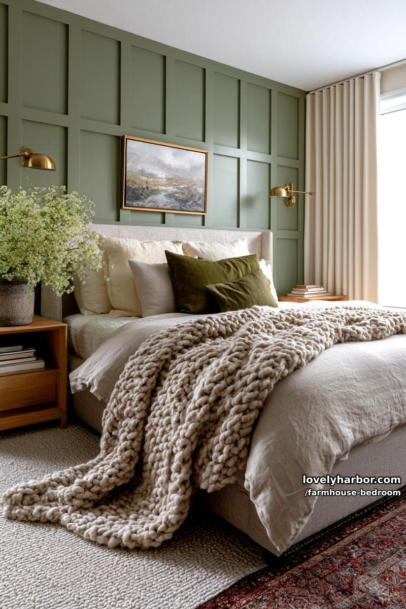 sage green paneled accent wall bedroom with cream and olive bedding. 1