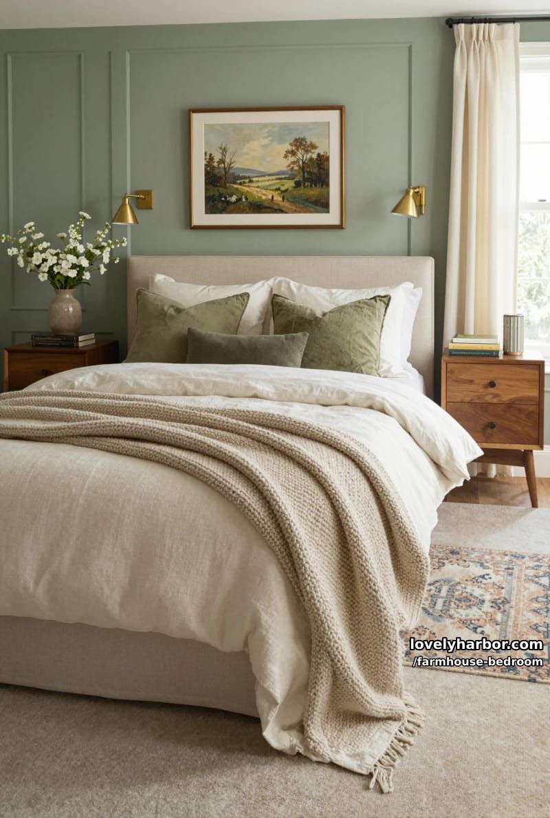 sage green paneled accent wall bedroom with cream and olive bedding. 1