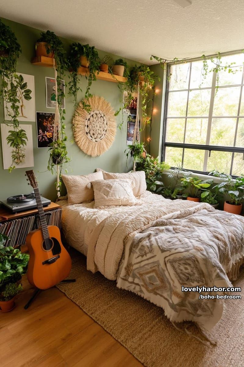 sage green walls, botanical prints, wood accents, and plants for a lush space. 1