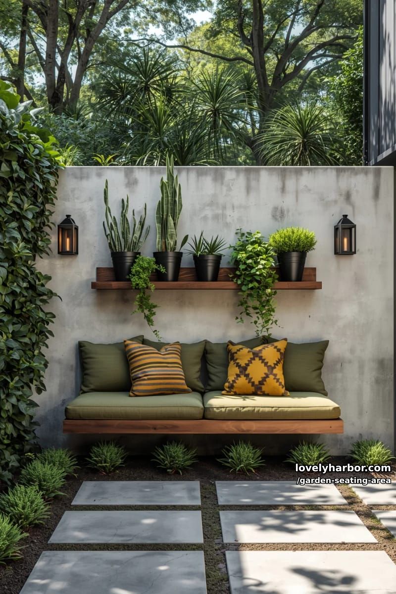 seating nook, floating bench, green cushions, cascading plants, stone pavers, and sconces 1