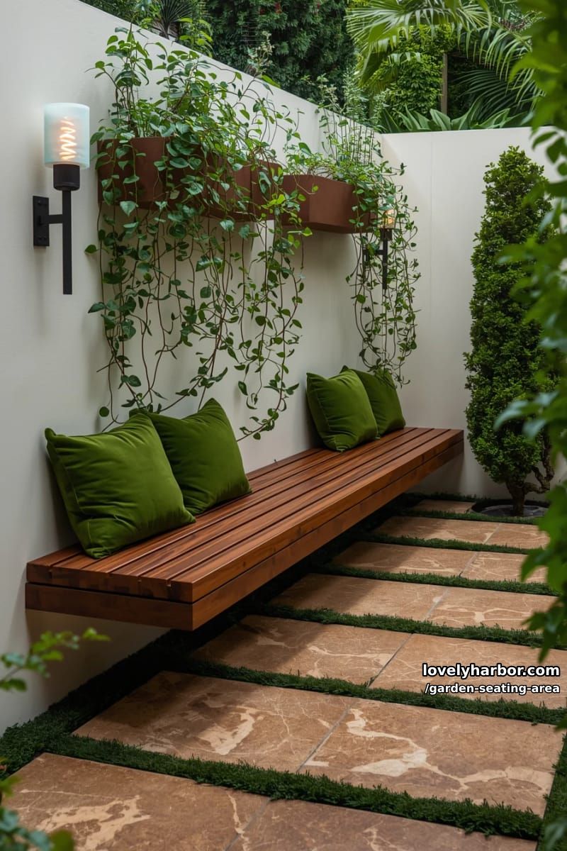 seating nook, floating bench, green cushions, cascading plants, stone pavers, and sconces 1