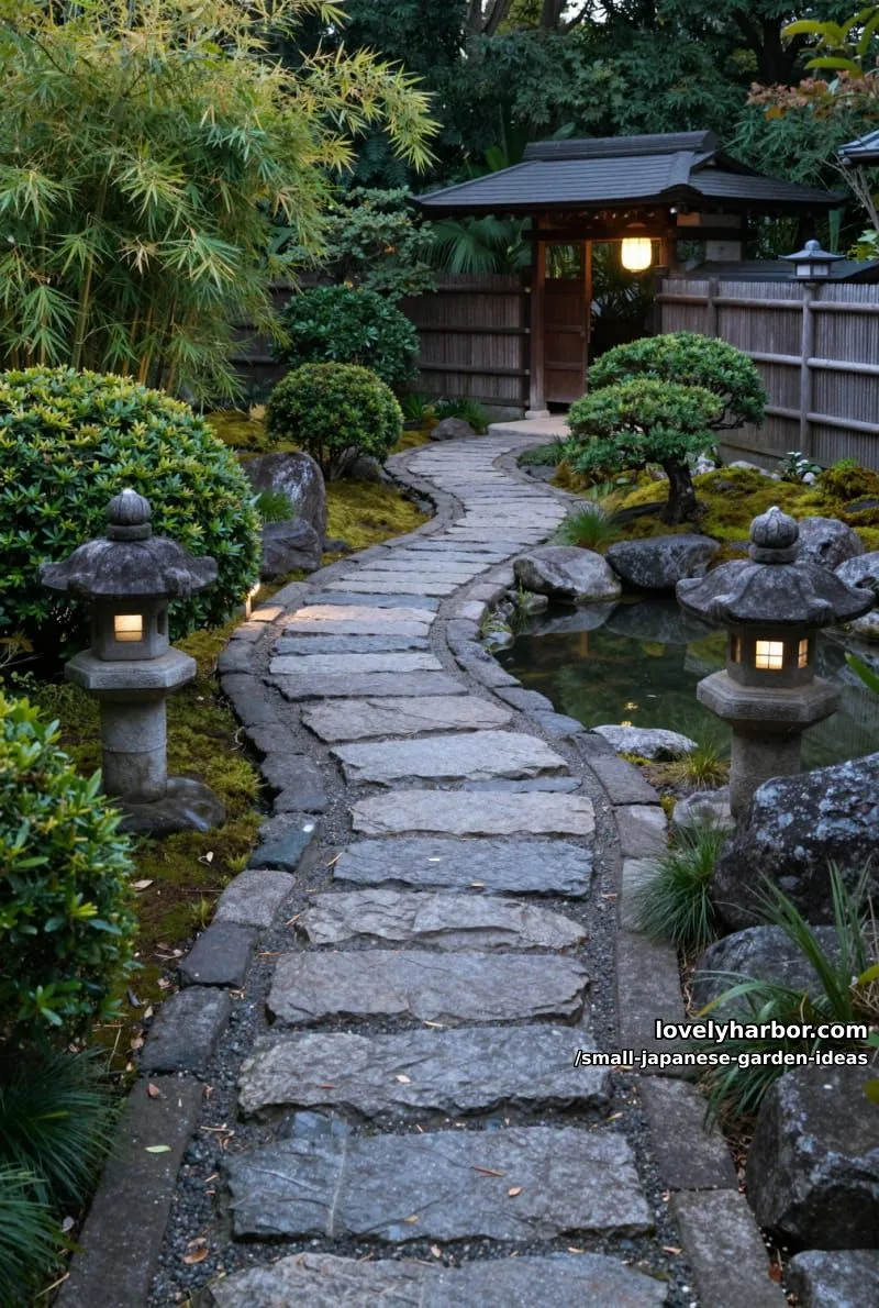 20 Small Japanese Garden Ideas for a Zen Atmosphere 30 serene japanese garden with stone path, reflective pond, bamboo, and glowing lanterns. 1