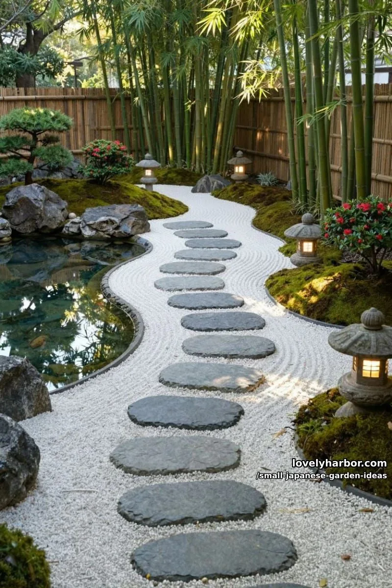 20 Small Japanese Garden Ideas for a Zen Atmosphere 31 serene japanese garden with stone path, reflective pond, bamboo, and glowing lanterns. 1