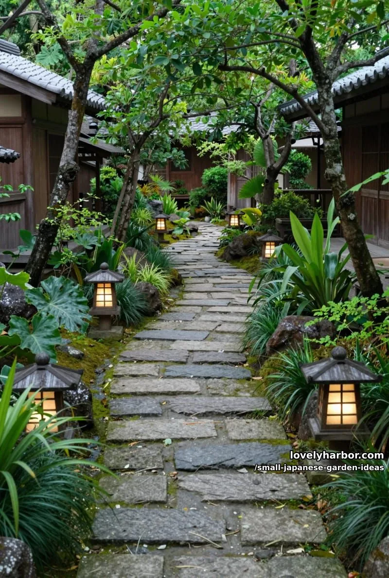 20 Small Japanese Garden Ideas for a Zen Atmosphere 13 serene japanese-inspired garden with winding stone path, tall trees, and wooden lanterns. 1