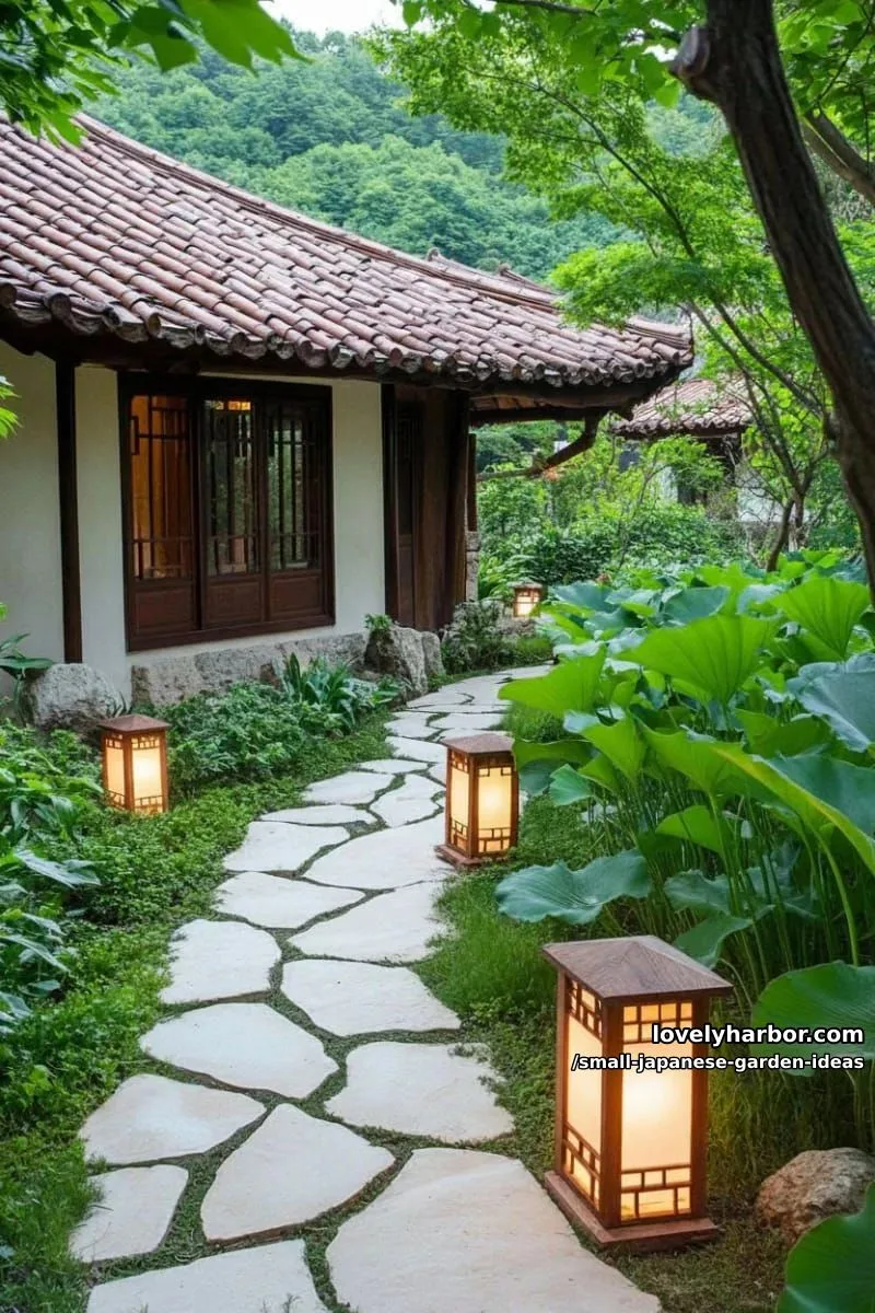 20 Small Japanese Garden Ideas for a Zen Atmosphere 14 serene japanese-inspired garden with winding stone path, tall trees, and wooden lanterns. 1