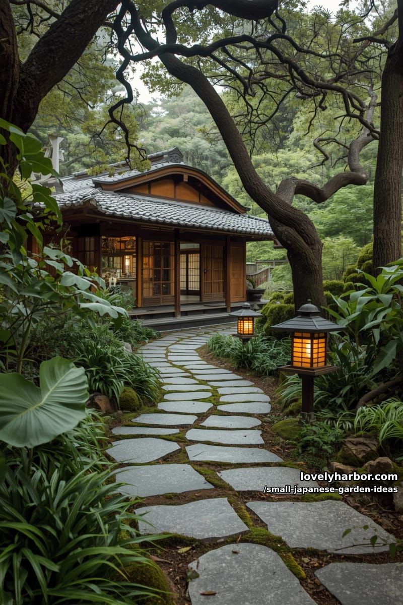 serene japanese-inspired garden with winding stone path, tall trees, and wooden lanterns. 1