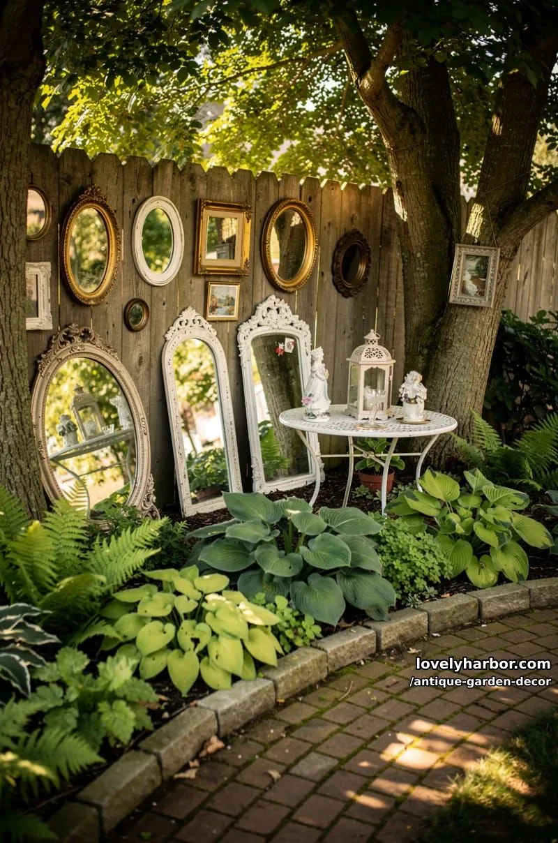 20 Antique Garden Decor Ideas for an Extraordinary Look 27 shaded garden corner with antique mirrors, artwork, and vintage table decor. 1