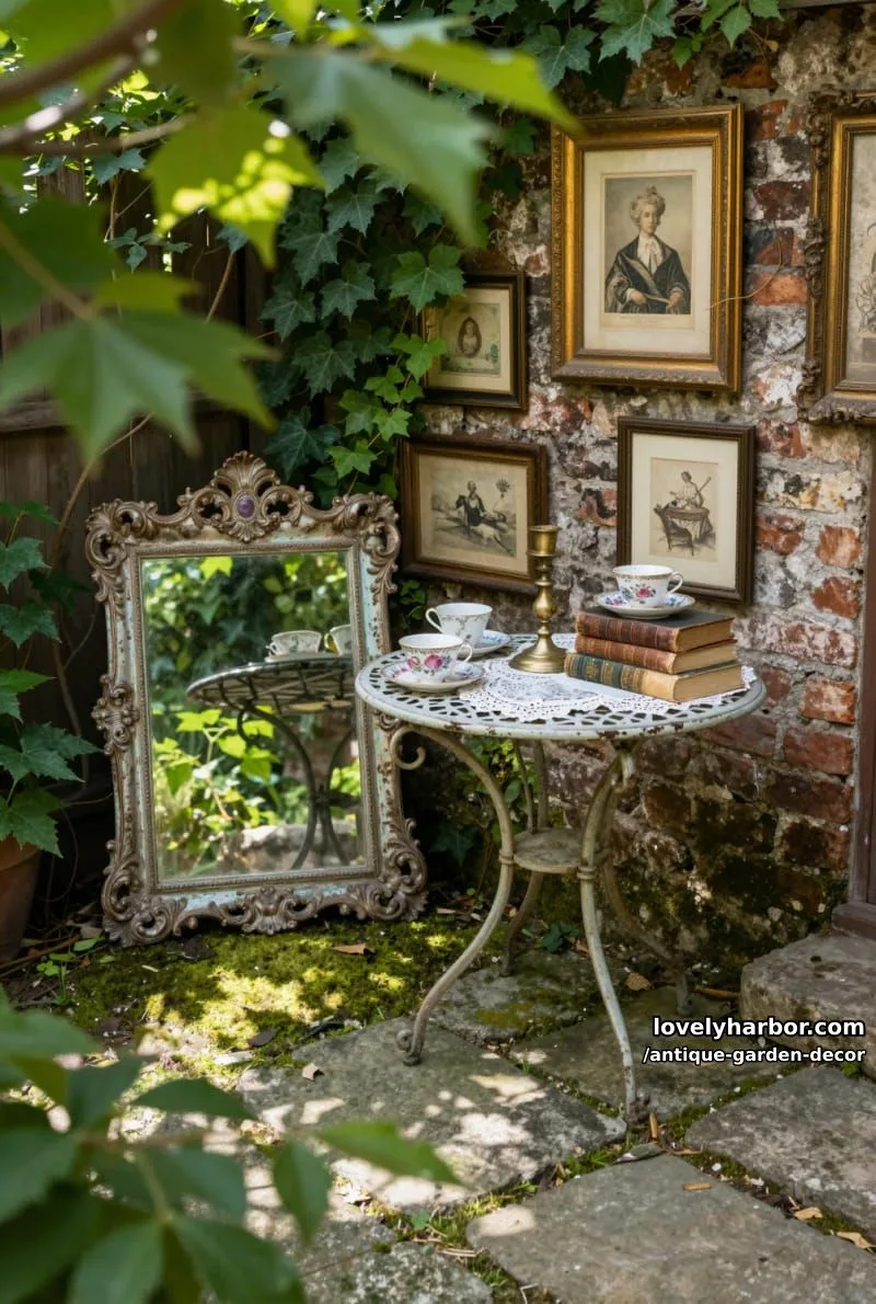 20 Antique Garden Decor Ideas for an Extraordinary Look 28 shaded garden corner with antique mirrors, artwork, and vintage table decor. 1