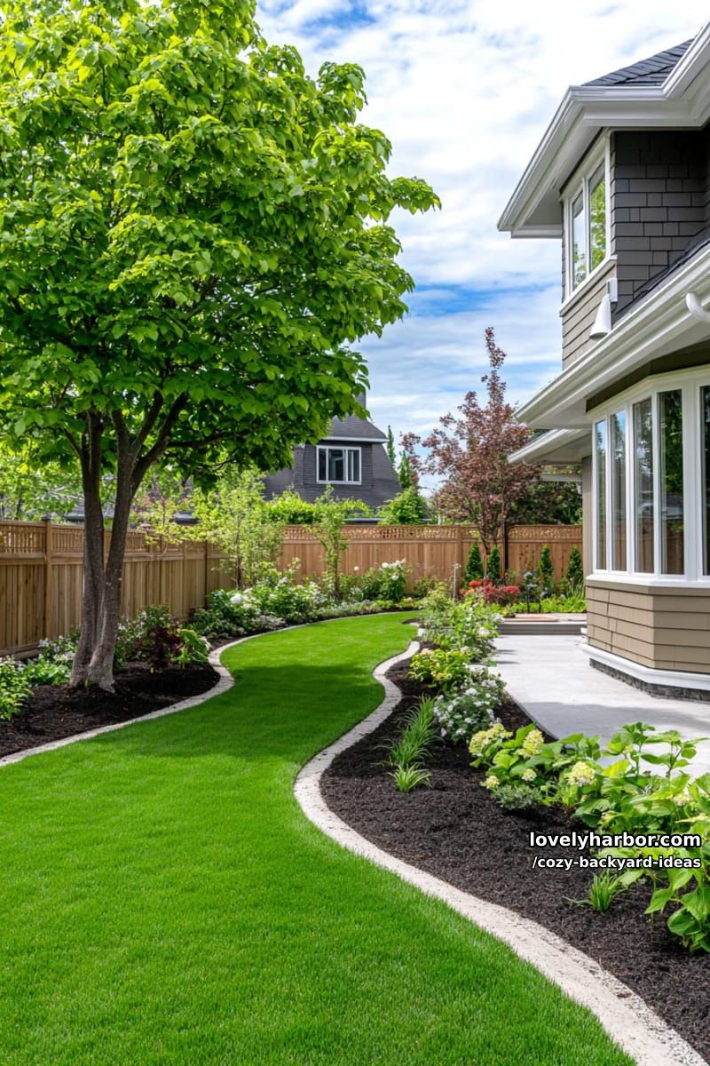 simple backyard with lawn, privacy fence, and shade tree 1