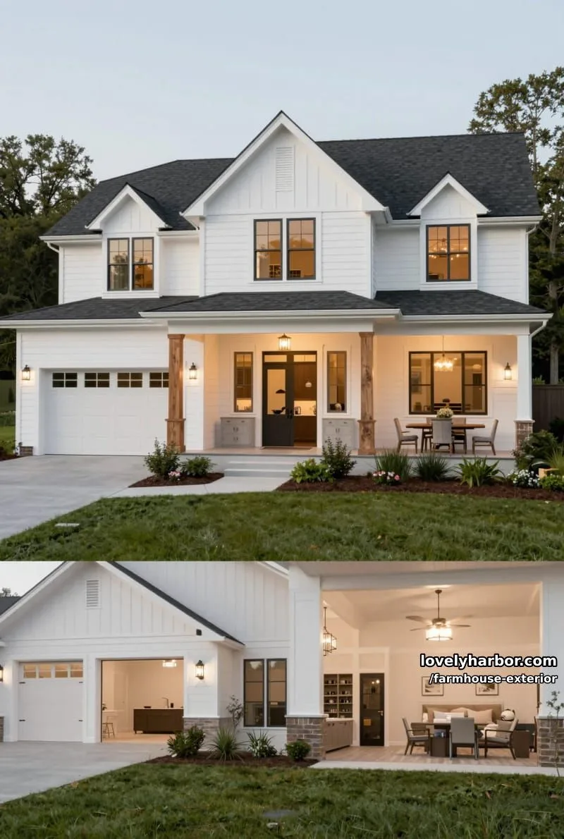 44 New Farmhouse Exterior Designs To Copy 59 single-story farmhouse, white board and batten, black roof, open layout, three-car garage. 1