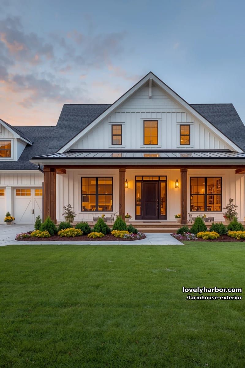 single-story farmhouse, white board and batten, black roof, open layout, three-car garage. 1