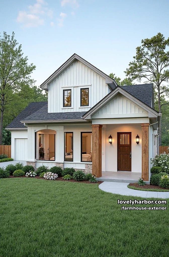 single-story farmhouse, white board and batten, black roof, open layout, three-car garage. 1