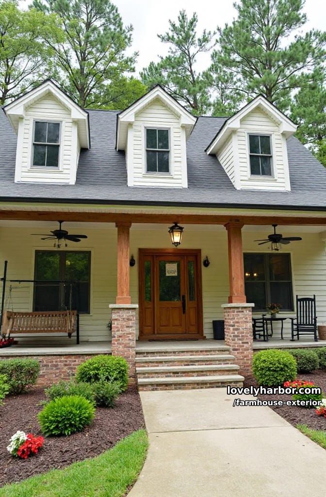 single-story house, cream siding, dormers, wood columns, porch swing, mulched flower beds. 1