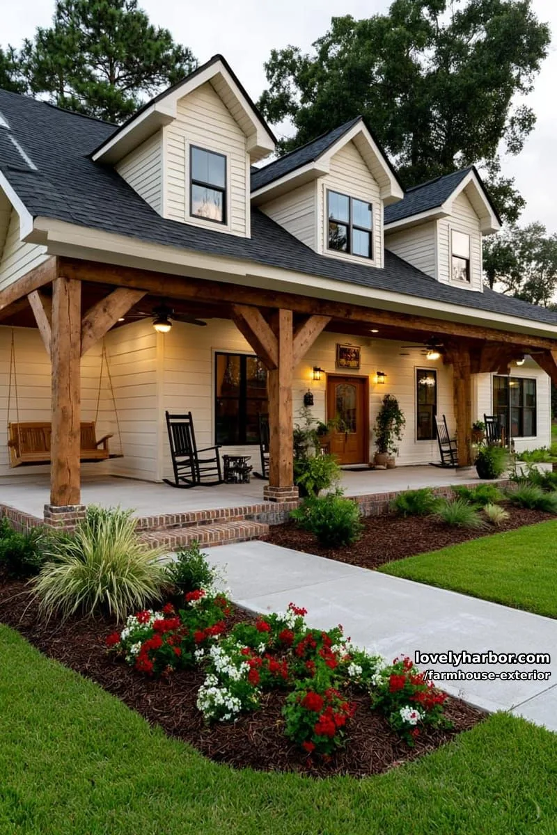 44 New Farmhouse Exterior Designs To Copy 81 single-story house, cream siding, dormers, wood columns, porch swing, mulched flower beds. 1