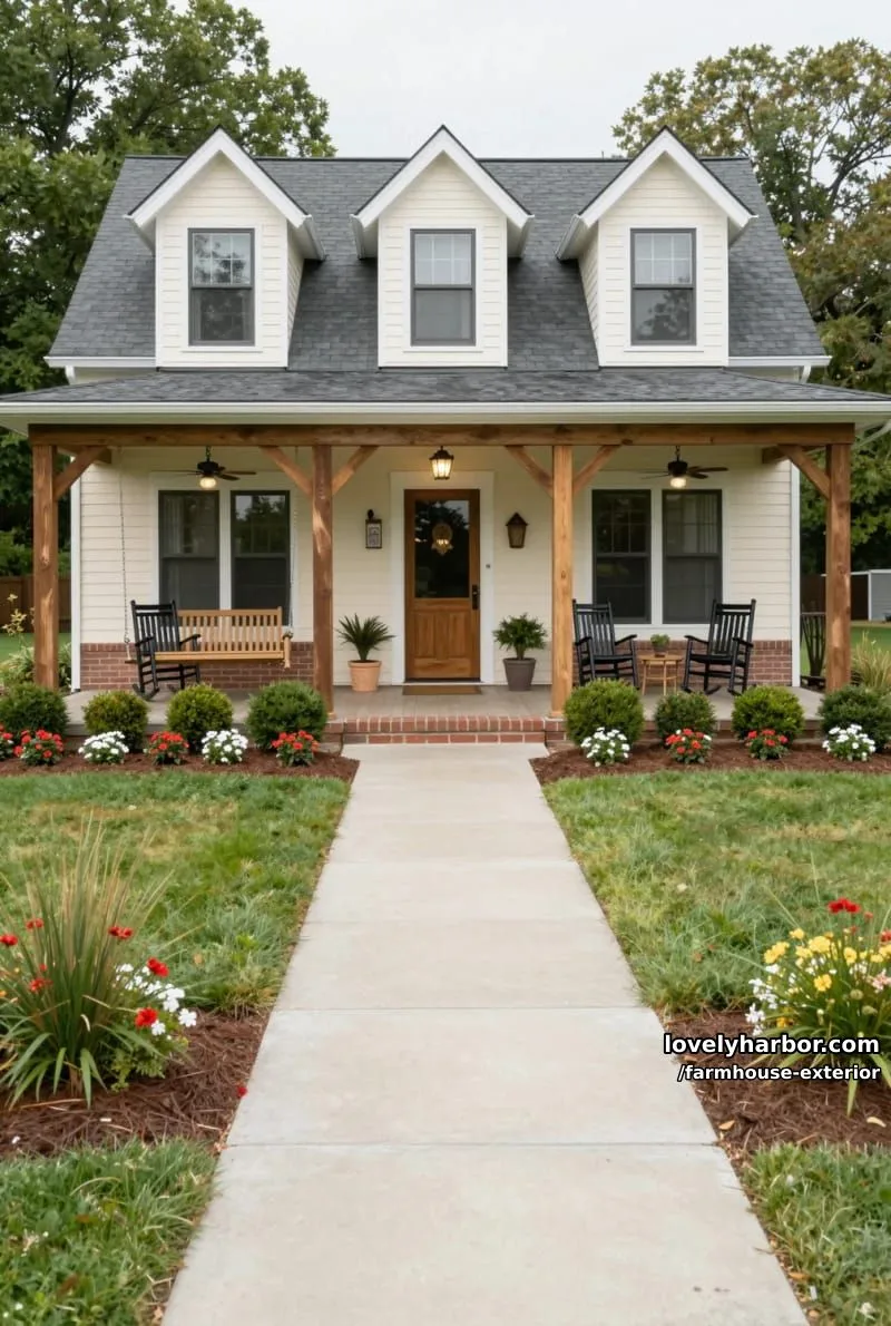 44 New Farmhouse Exterior Designs To Copy 82 single-story house, cream siding, dormers, wood columns, porch swing, mulched flower beds. 1