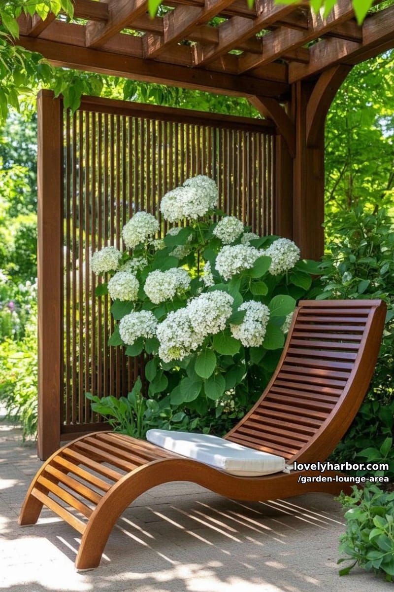 slatted lounge chair under pergola with hydrangeas and privacy screen 1
