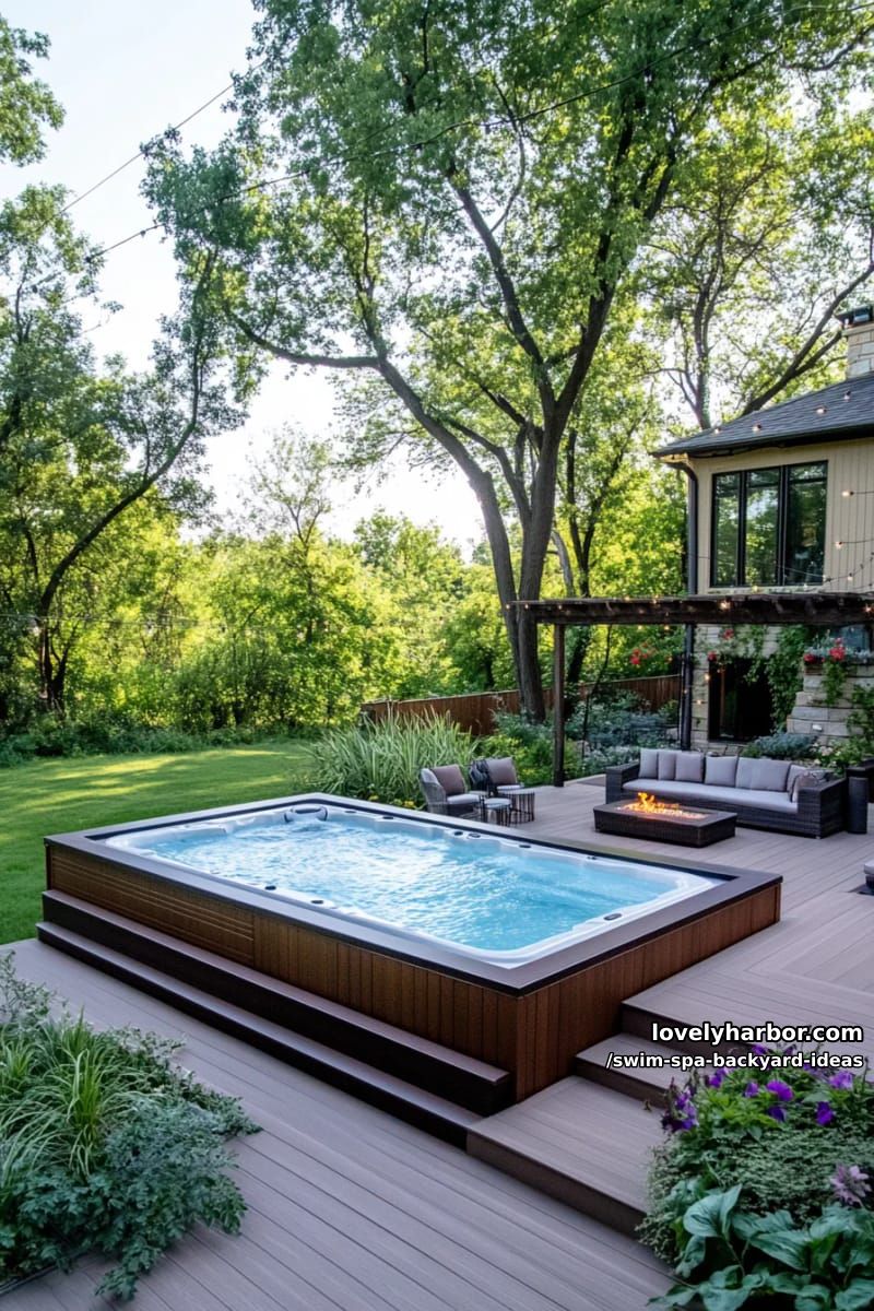 sleek above-ground pool with wooden deck, patio seating, and lush landscaping. 1