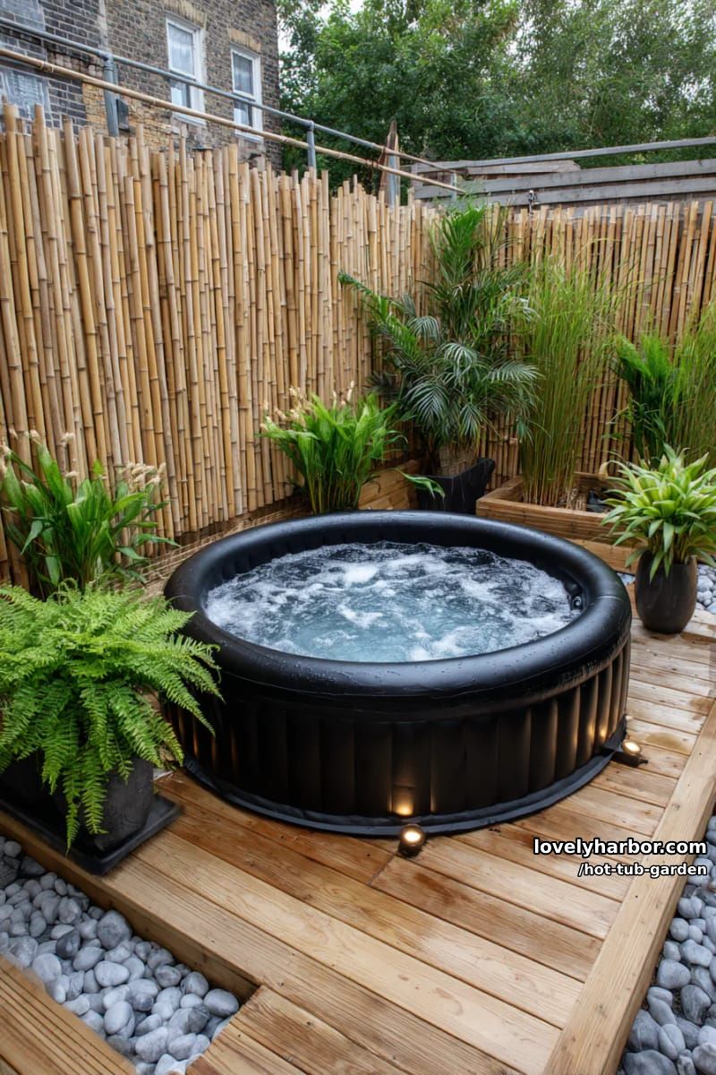 sleek black hot tub on deck with bamboo privacy and accent lighting. 1