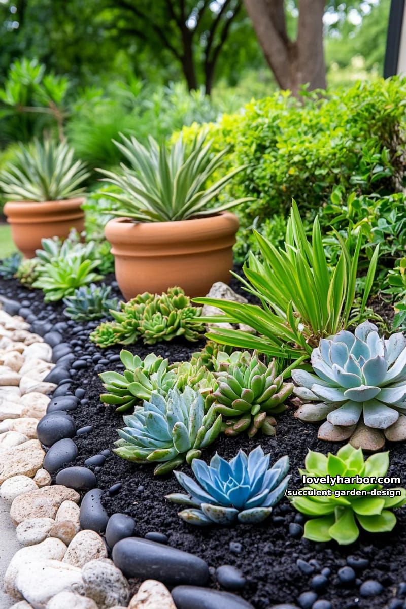sloped succulent garden with rocks, terracotta pots, and lush background. 1
