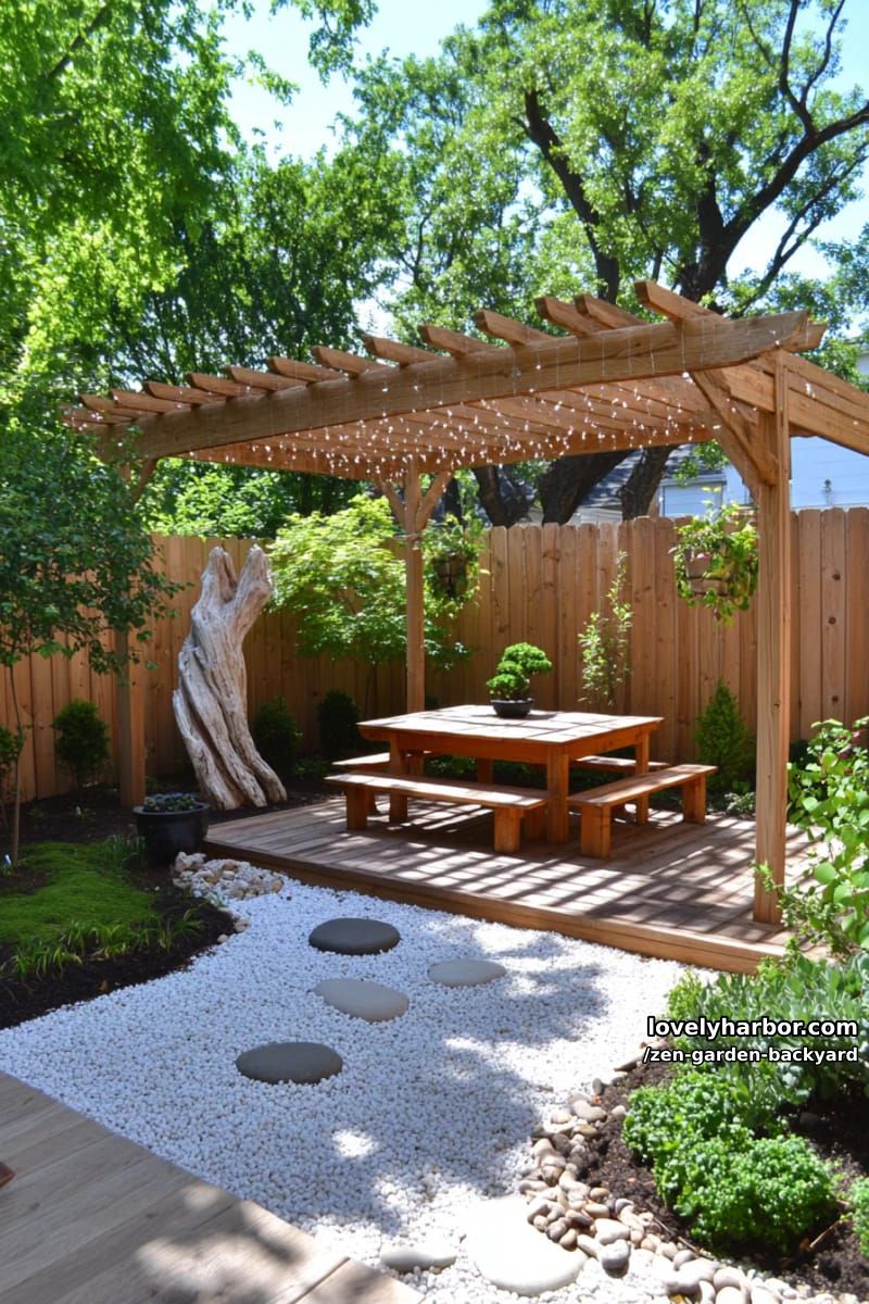 small backyard zen garden with gravel, driftwood, bonsai, and pergola. 1