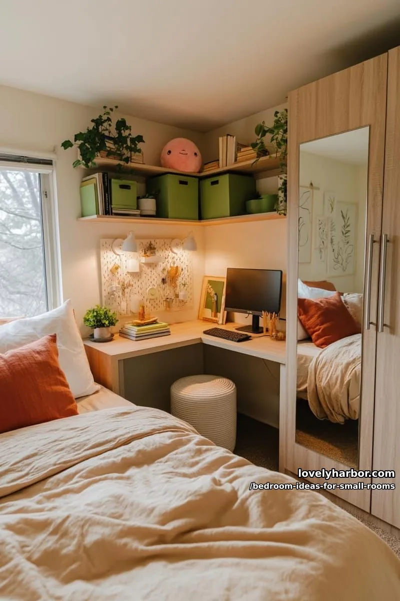 23 Unique Bedroom Ideas for Small Rooms 14 small bedroom with built-in desk, floating shelves, and natural light. 1