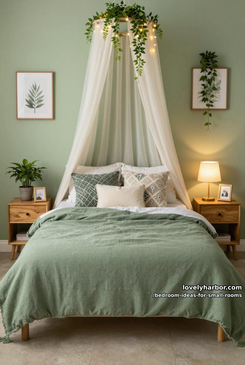 small bedroom with green bedspread, canopy, and string lights. 1
