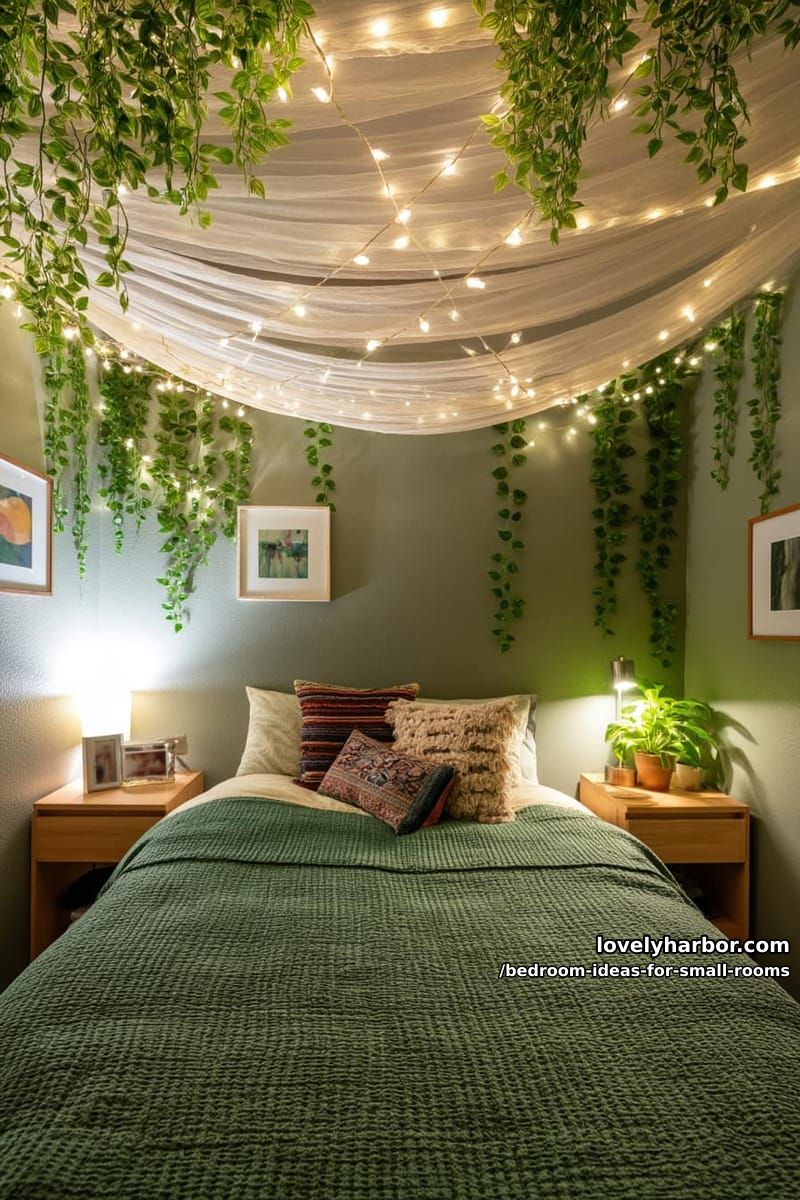 small bedroom with green bedspread, canopy, and string lights. 1