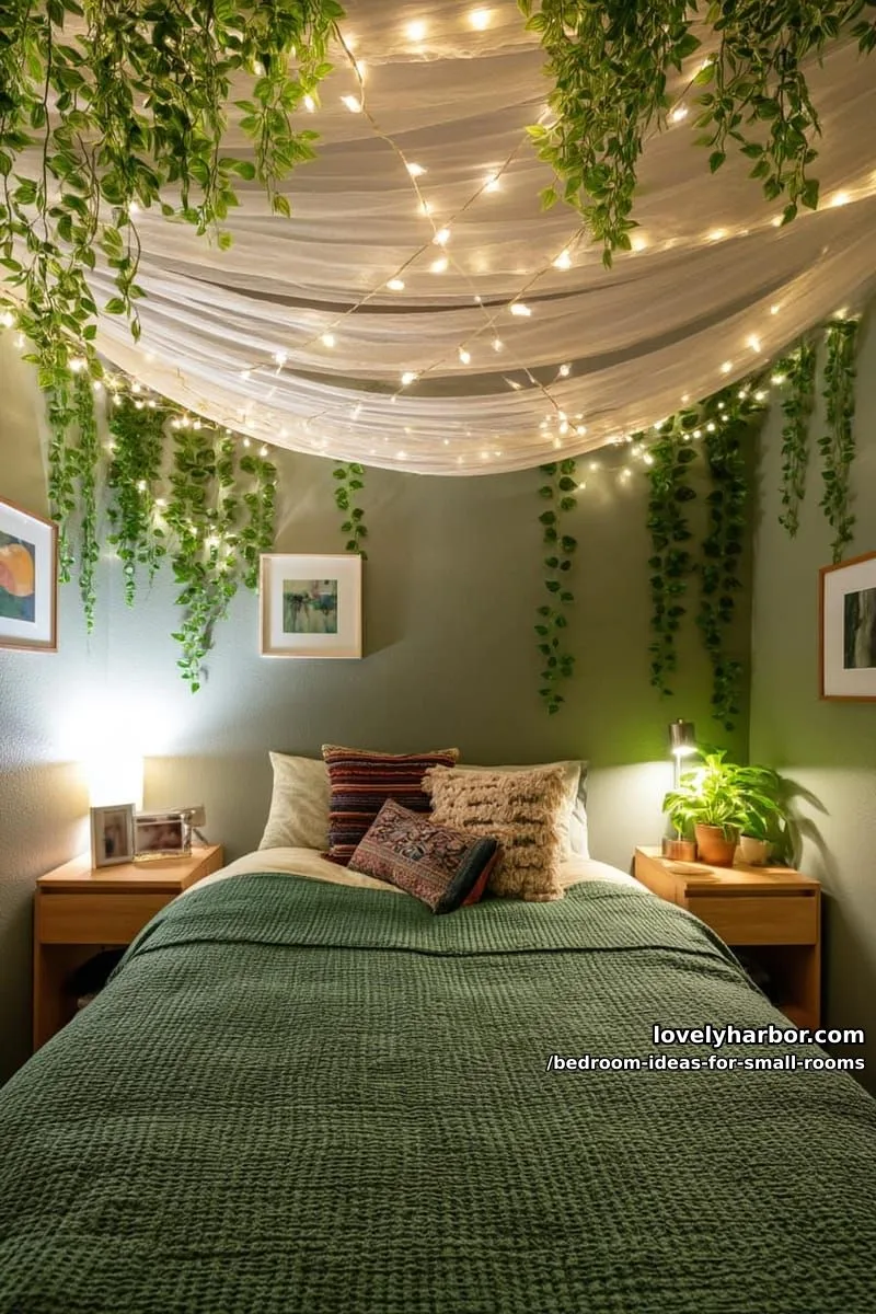 23 Unique Bedroom Ideas for Small Rooms 29 small bedroom with green bedspread, canopy, and string lights. 1