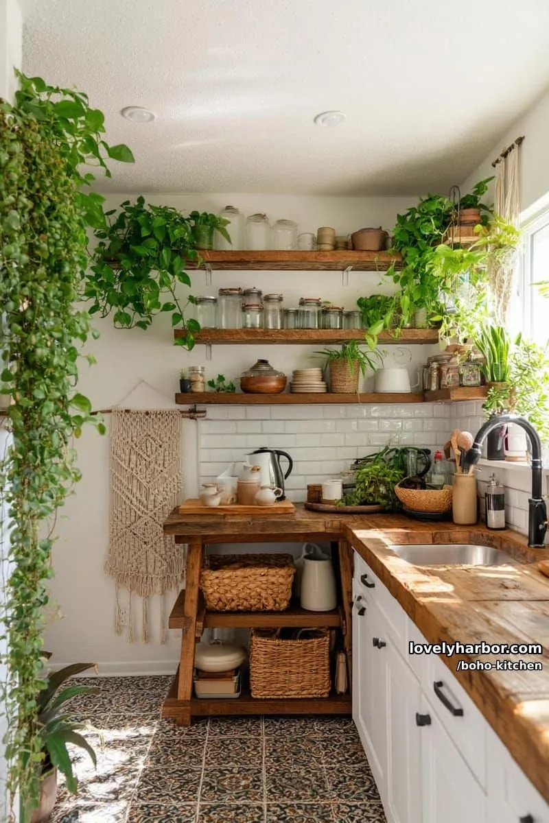 small boho kitchen, open shelves, cascading plants, macrame, patterned tiles, earthy tones. 1