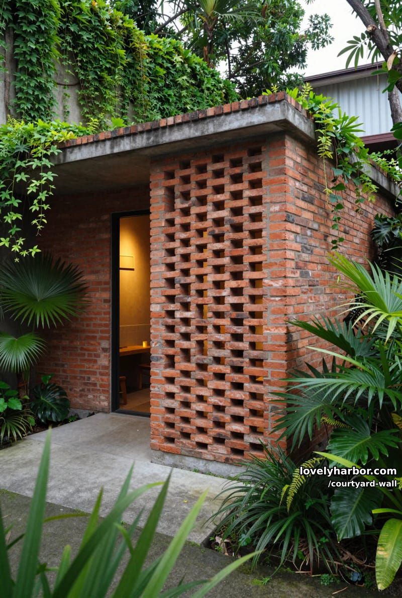 small building with openwork brick lattice, ambient lighting, and dense greenery 1