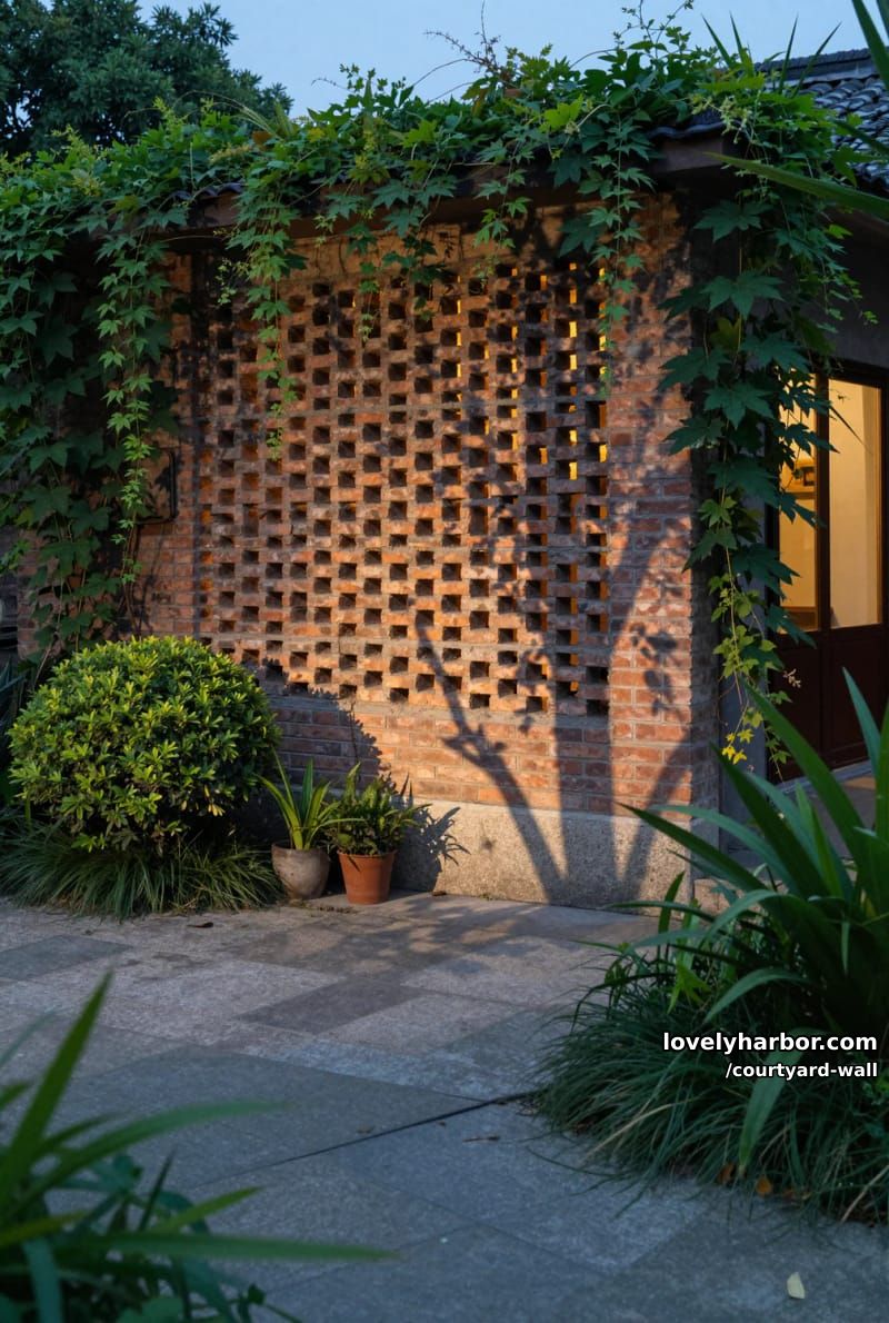 small building with openwork brick lattice, ambient lighting, and dense greenery 1