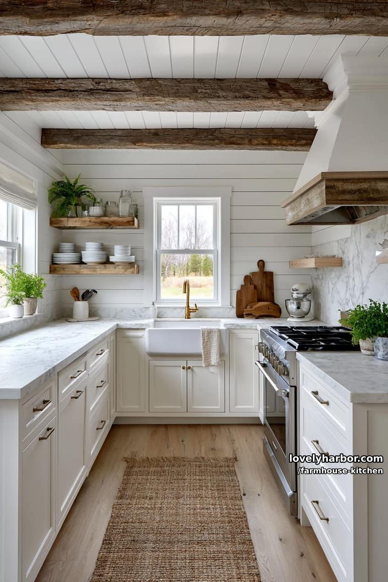 small farmhouse kitchen with open shelves, wooden beams, and marble countertops. 1