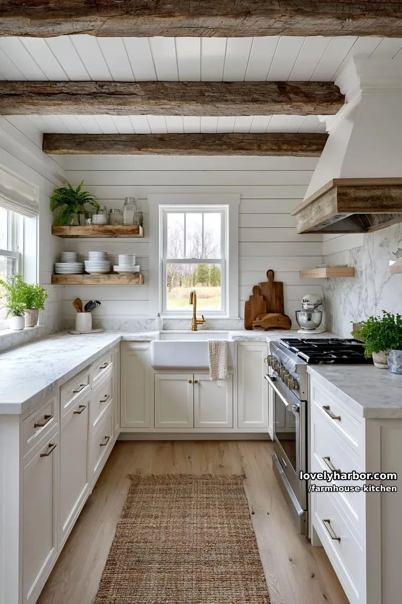 44 Trendy Farmhouse Kitchen Ideas to Inspire Your Next Remodel 10 small farmhouse kitchen with open shelves, wooden beams, and marble countertops. 1
