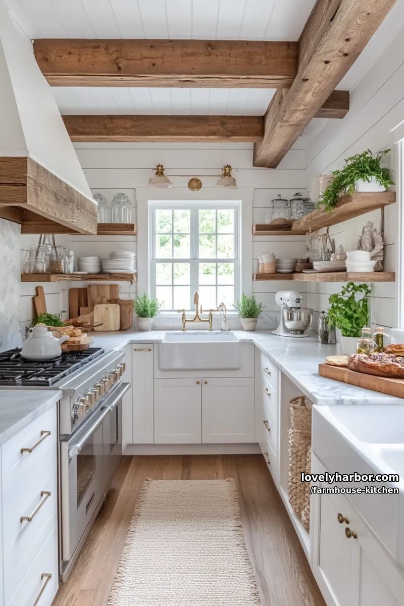 small farmhouse kitchen with open shelves, wooden beams, and marble countertops. 1