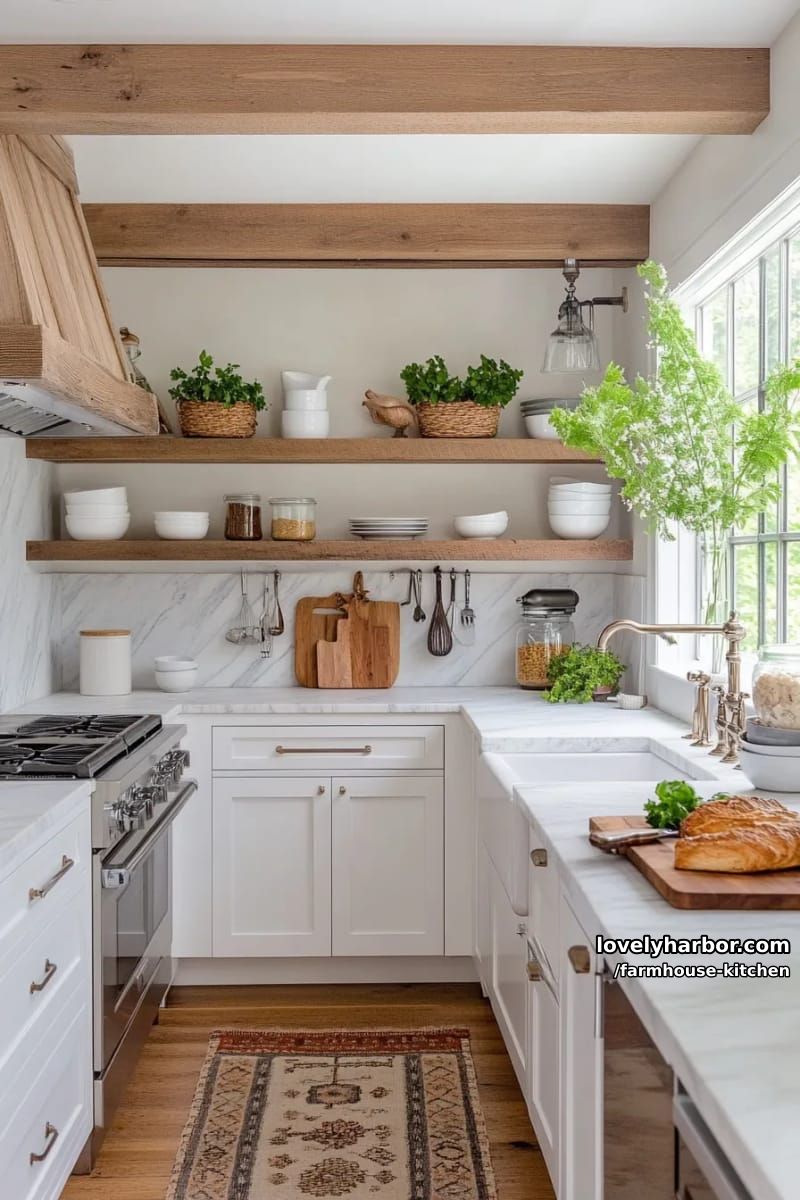 small farmhouse kitchen with open shelves, wooden beams, and marble countertops. 1