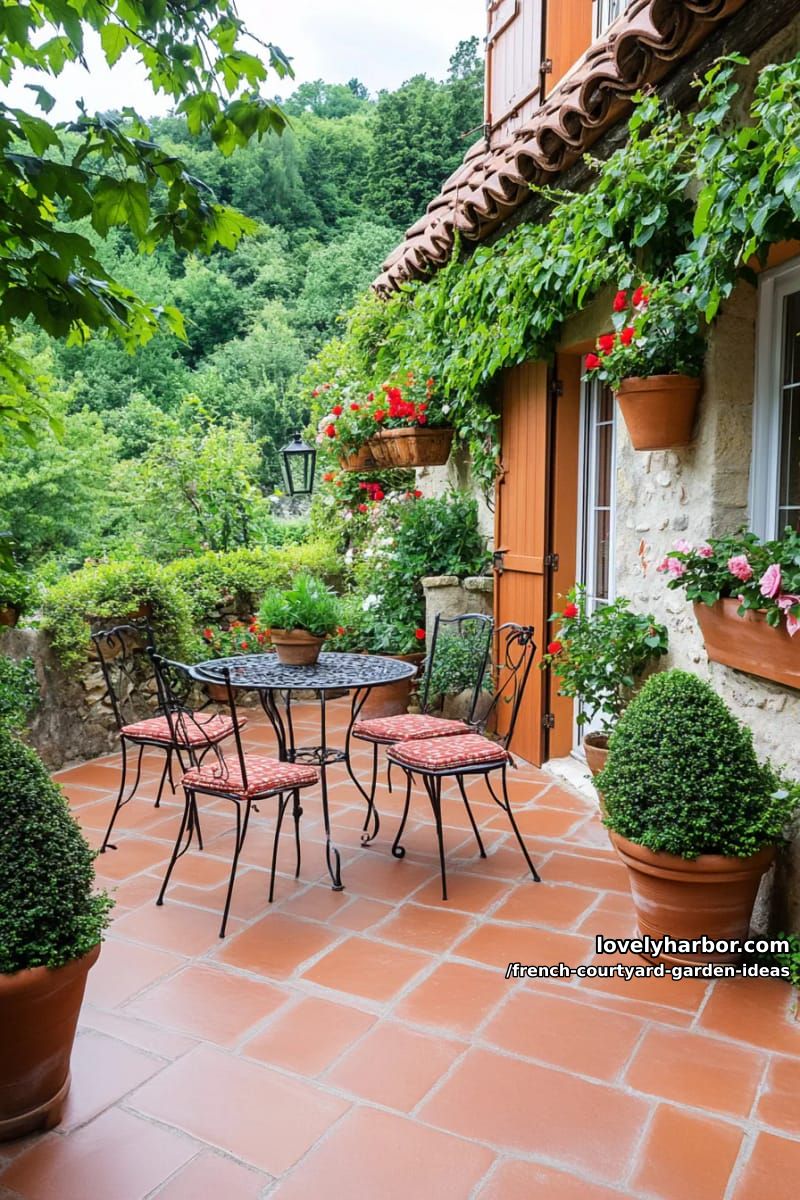 small french courtyard with terracotta tiles, bistro seating, topiary, and flowering vines. 1