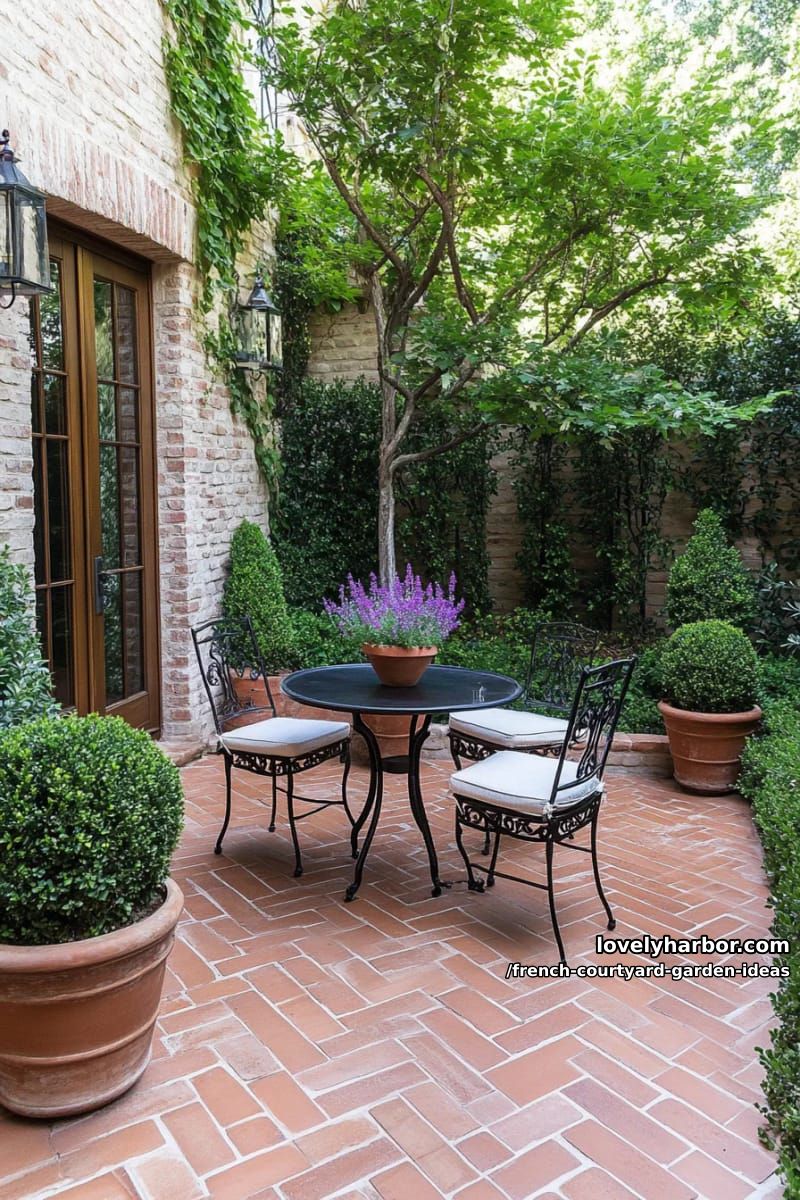 small french courtyard with terracotta tiles, bistro seating, topiary, and flowering vines. 1