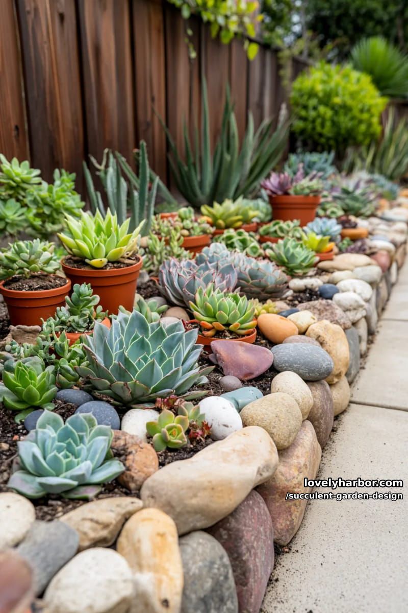 small garden bed with succulents, cacti, river rocks, and wooden fence. 1