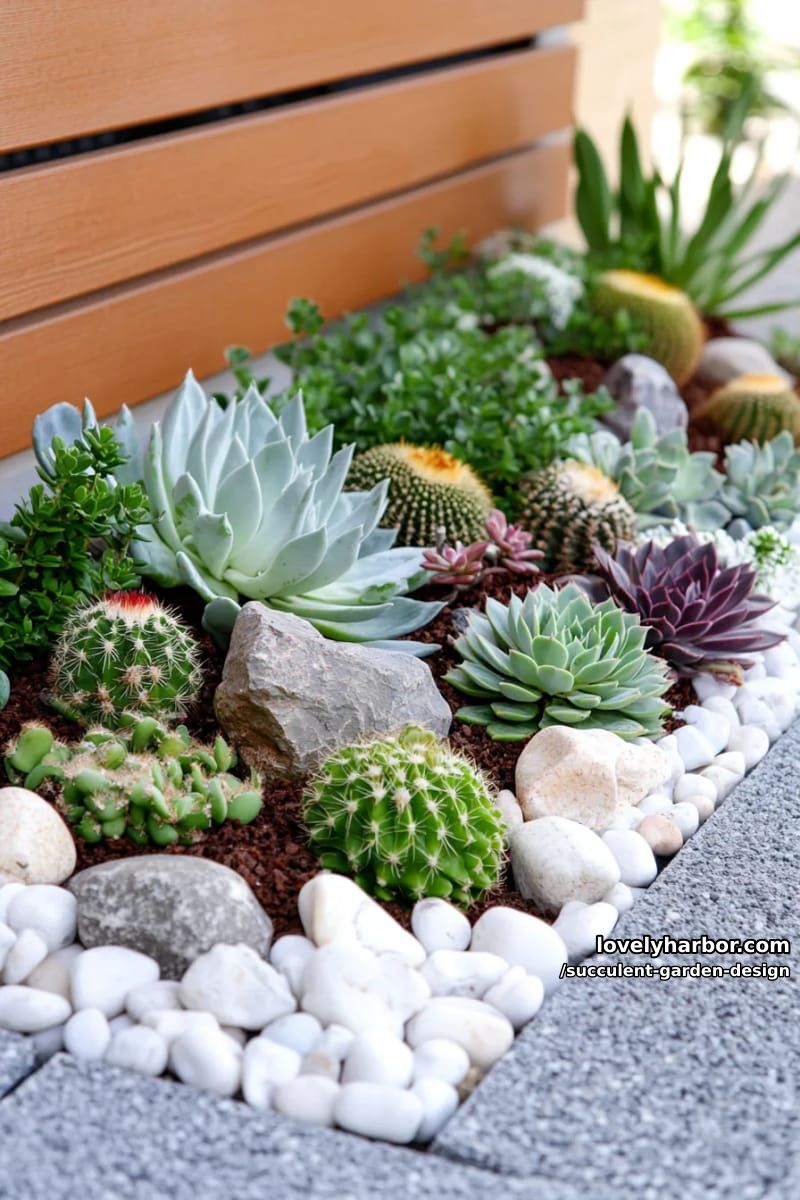 small garden bed with succulents, cacti, river rocks, and wooden fence. 1