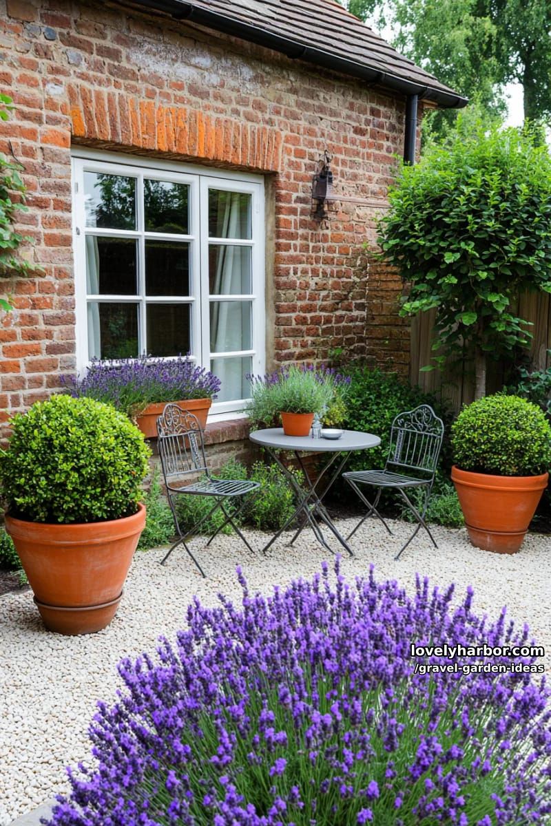 small garden with light gravel, terracotta pots, lavender, and metal seating. 1