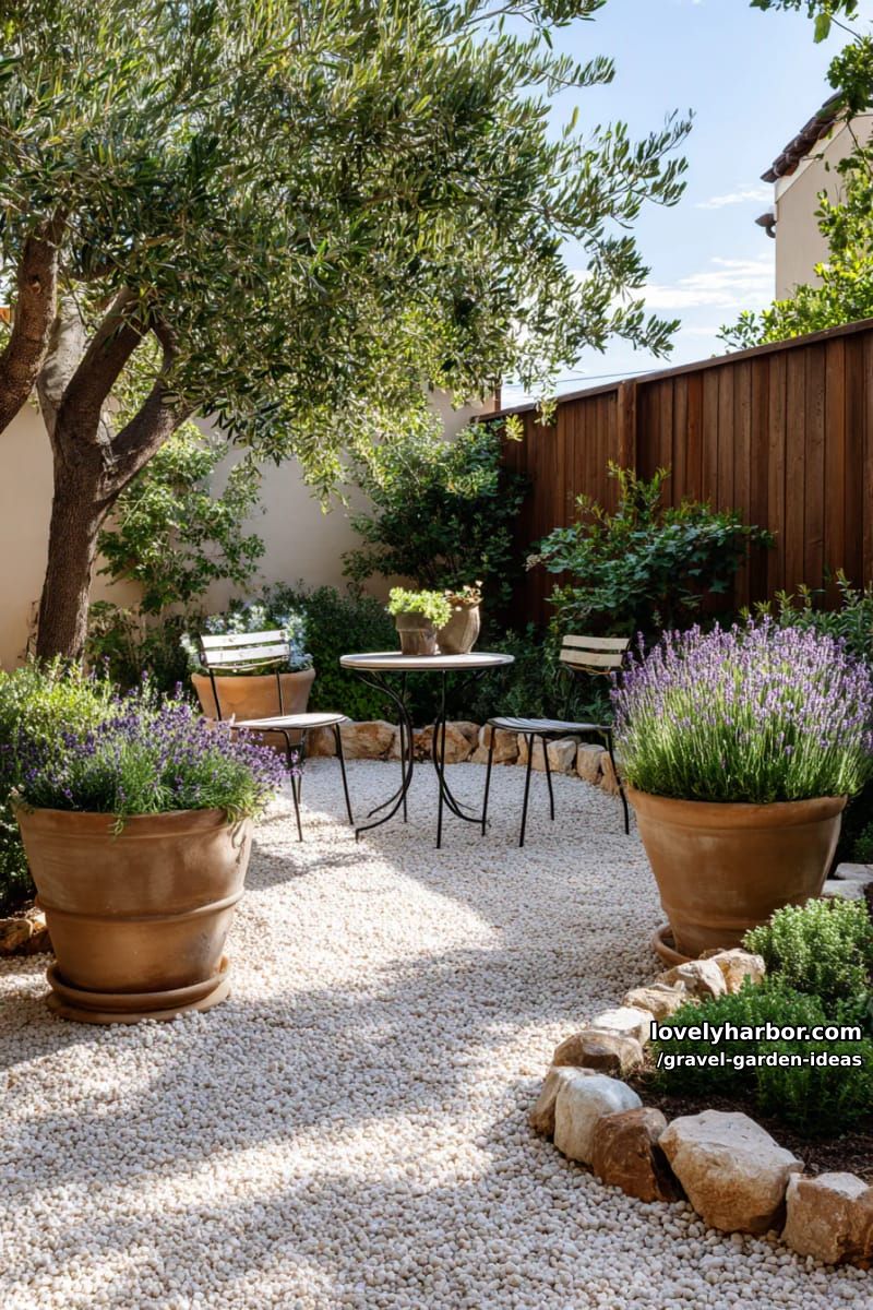 small garden with light gravel, terracotta pots, lavender, and metal seating. 1