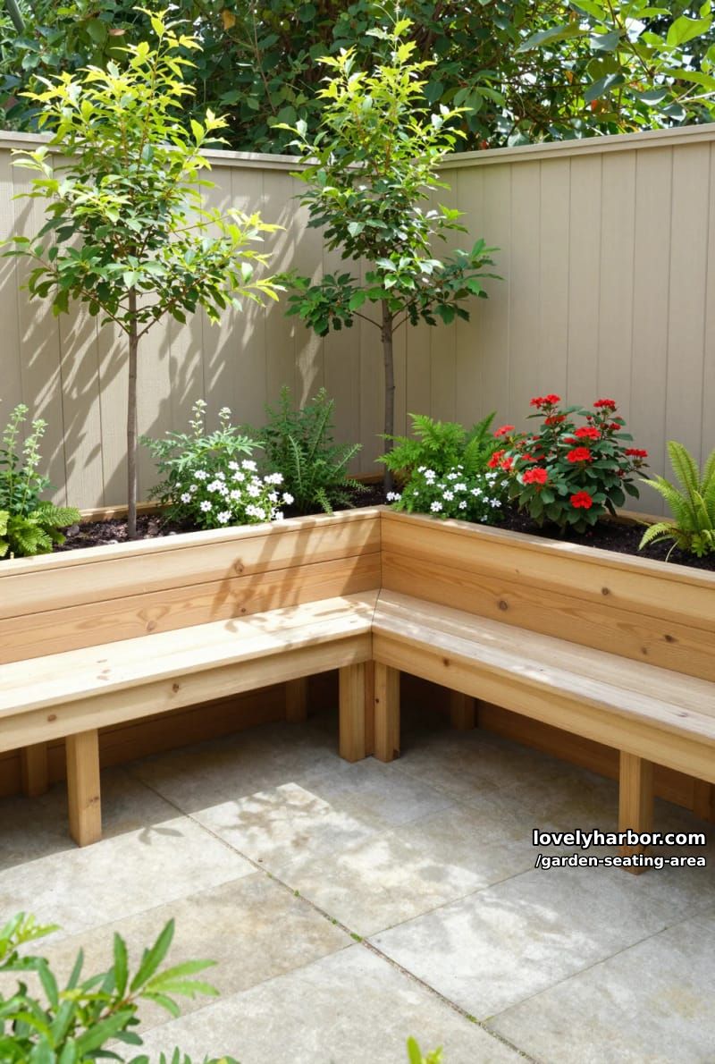 small garden with pale fence, l-shaped bench, integrated planters, and flowering shrubs 1