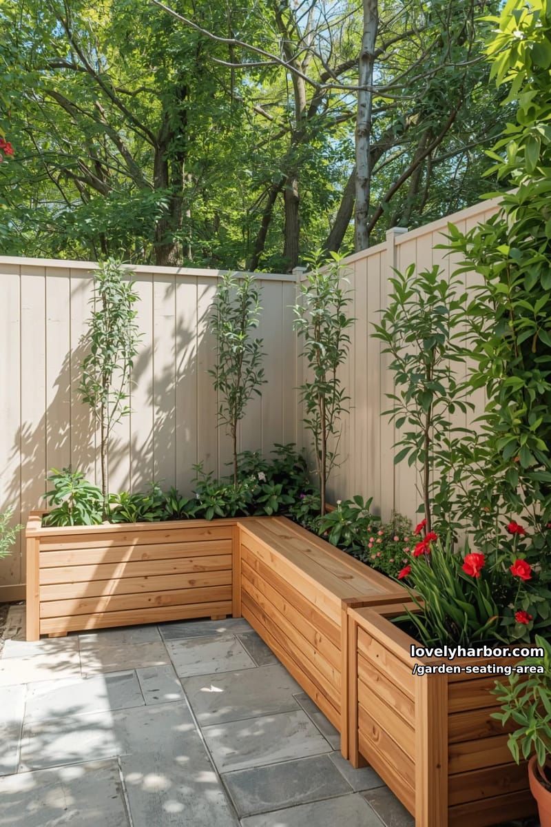 small garden with pale fence, l-shaped bench, integrated planters, and flowering shrubs 1