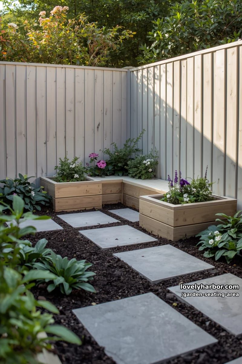small garden with pale fence, l-shaped bench, integrated planters, and flowering shrubs 1